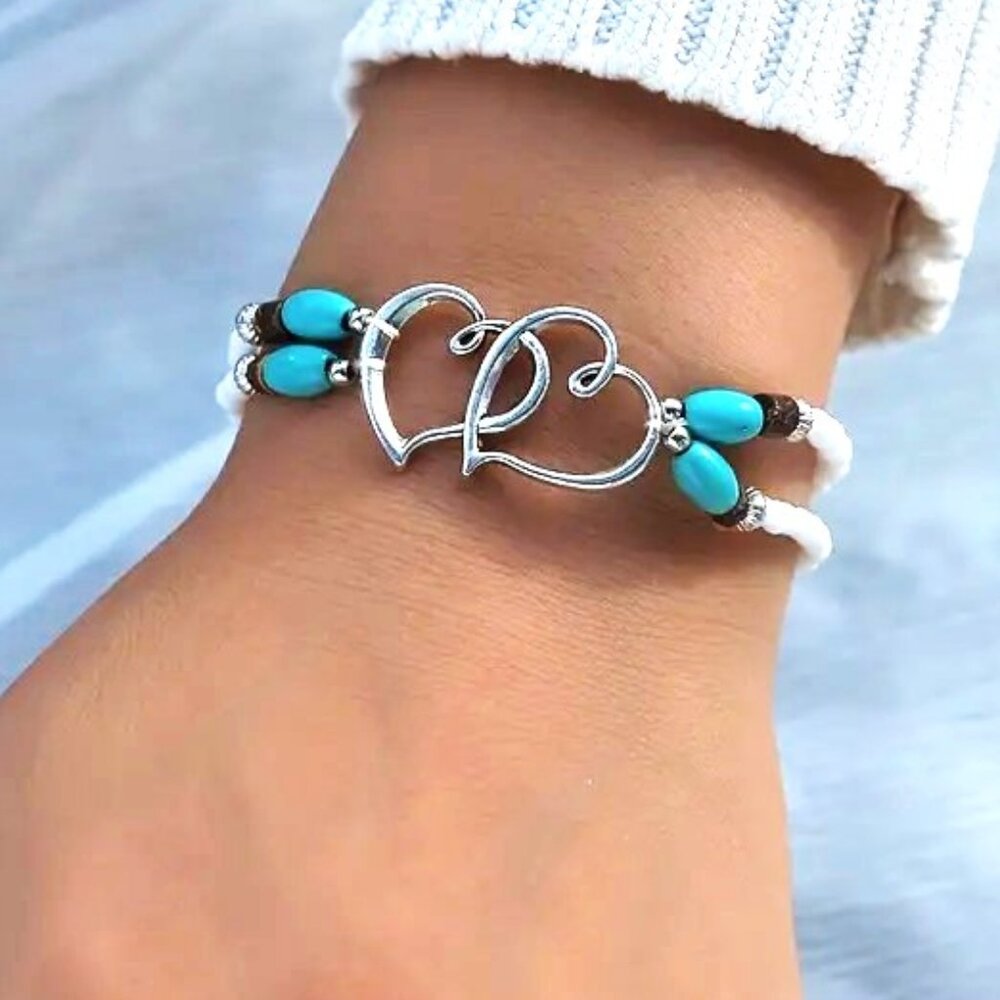 Double Heart Bracelet Layered Boho Hippie Beads Turquoise Stylish Love Vacation